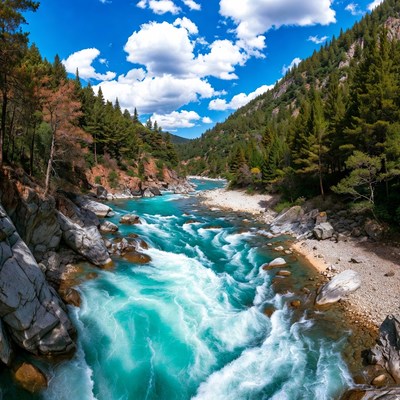 Mountain River Flowing Through Forest Valley