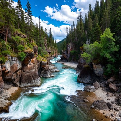 Mountain River Flowing Through Forest Canyon