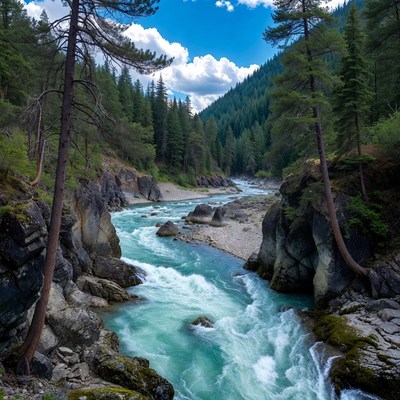 Turquoise River Flowing Through Forested Mountains