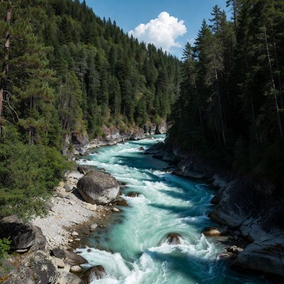 Turquoise River Flowing Through Forested Mountains