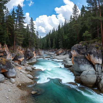 Mountain River Flowing Through Pine Forest