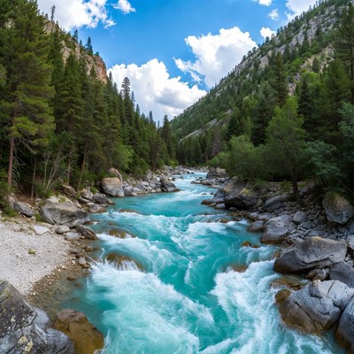 Turquoise River in Mountain Forest Valley