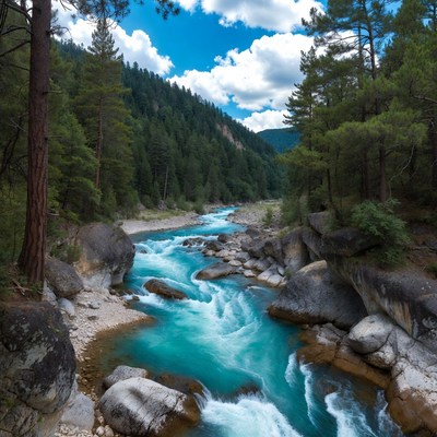 Turquoise River Flowing Through Pine Forest Mountains