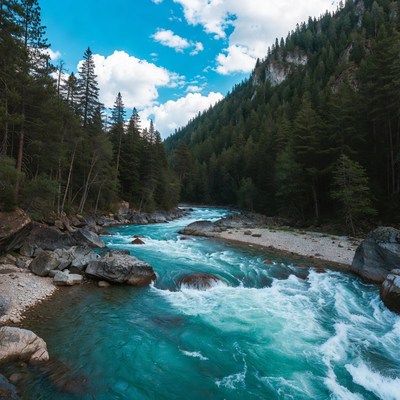 Mountain River Flowing Through Forest