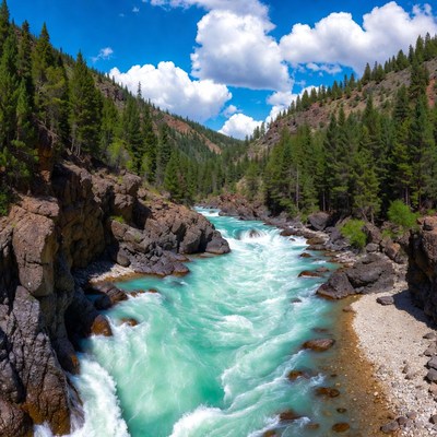Turquoise River Flowing Through Forested Canyon