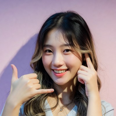 Asian woman making shaka sign