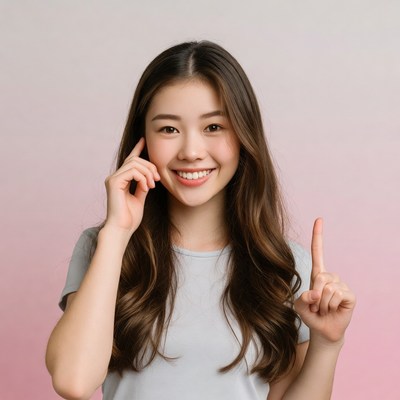 Asian woman pointing with finger