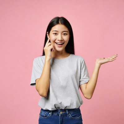 Asian woman presenting on pink background