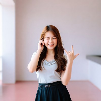 Asian woman making rock hand sign