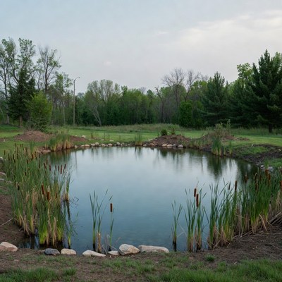 Small pond with cattails and rocks