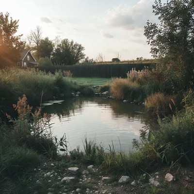Serene Pond with Small House and Trees