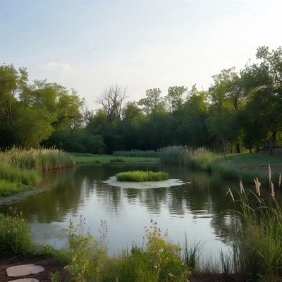 Serene Pond with Island and Reeds