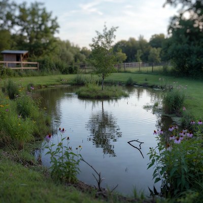 Small pond with island in garden