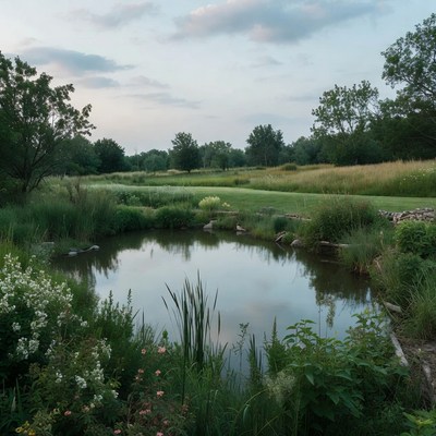 Serene Pond in Grassy Field
