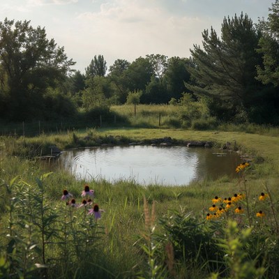 Pond surrounded by wildflowers and trees