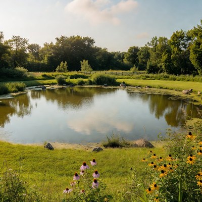 Pond with coneflowers and trees
