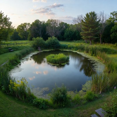 Scenic Pond with Island in Grassy Field