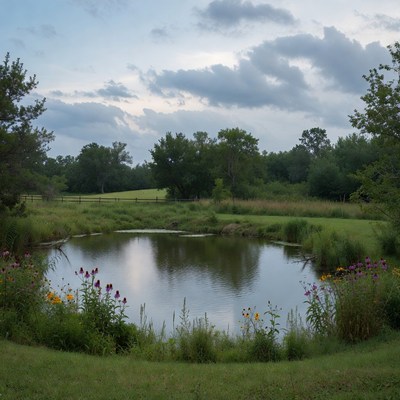 Pond with wildflowers and trees