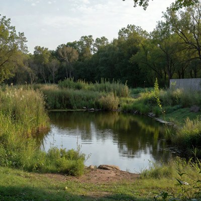 Serene pond surrounded by green reeds