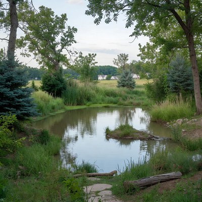 Small Pond Surrounded by Trees and Grass