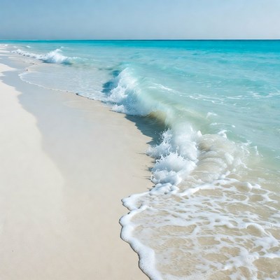Turquoise waves crashing on white sand beach