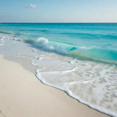 Turquoise waves crashing on white sand beach