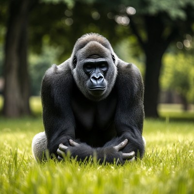 Silverback Gorilla Sitting in Grass