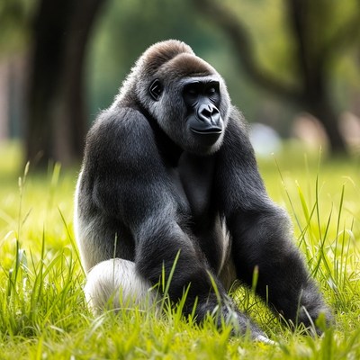 Silverback Gorilla Sitting in Grass