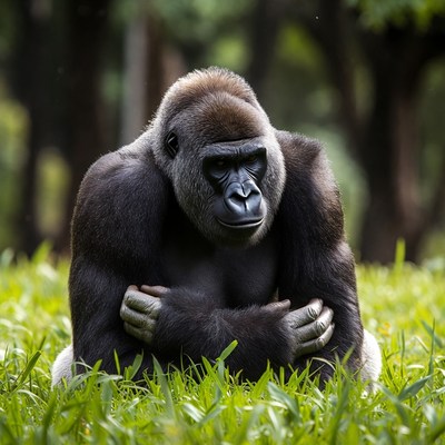 Silverback Gorilla Sitting in Grass