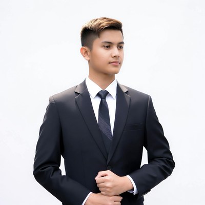 Asian young man in black suit