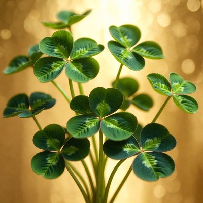 Four-leaf clovers on golden background