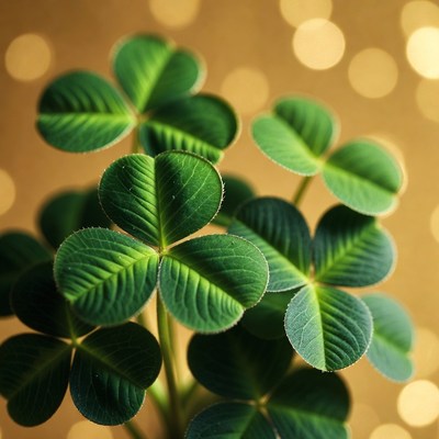 Four-leaf clovers on golden bokeh background
