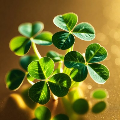 Four-leaf clovers on golden background