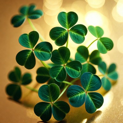 Four-leaf clovers on golden background