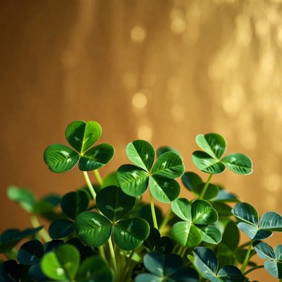Four-leaf clovers on golden bokeh background