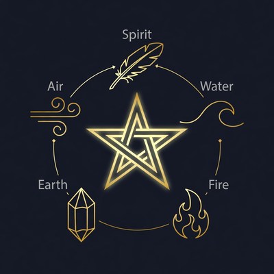 Golden Pentagram with Four Elements and Spirit