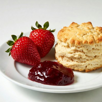 Strawberries, Biscuit and Jam on Plate