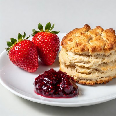 Strawberries, Biscuit and Jam on Plate