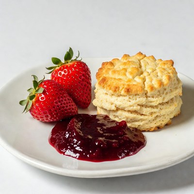 Strawberries, Biscuit and Jam on Plate