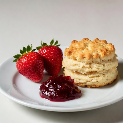 Strawberries, Biscuit and Jam on Plate
