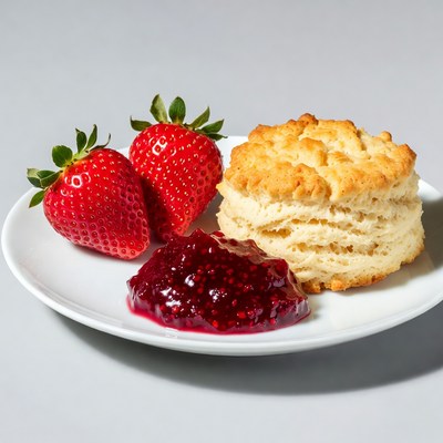 Strawberries, Biscuit and Jam on Plate