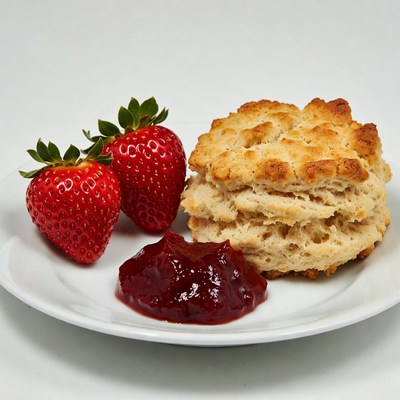Strawberries, Jam and Biscuits on Plate