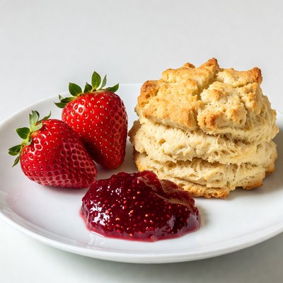 Strawberries, Biscuit and Jam on Plate