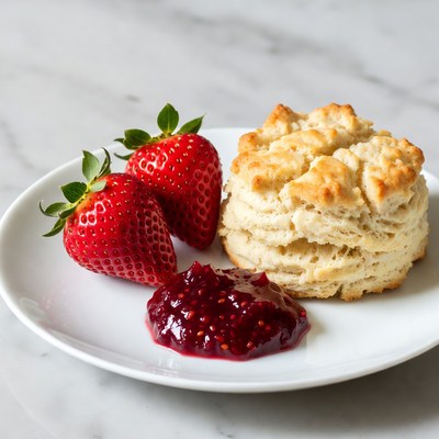 Strawberries, Biscuit and Jam on Plate