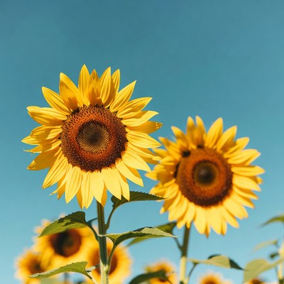Two Sunflowers Against Blue Sky