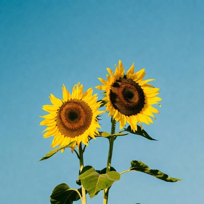 Two Sunflowers Against Blue Sky