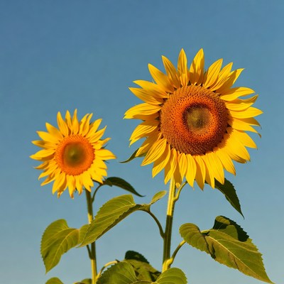 Two Sunflowers Against Blue Sky
