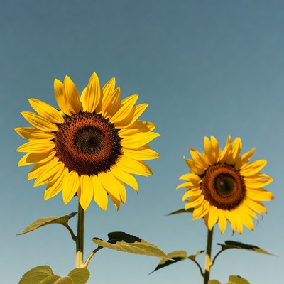 Two Sunflowers Against Blue Sky