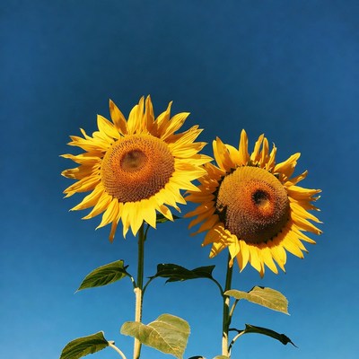 Two Sunflowers Against Blue Sky