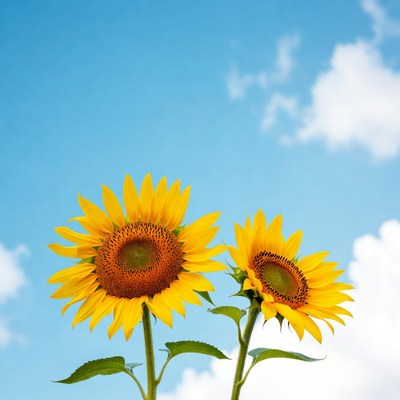 Two Sunflowers Against Blue Sky